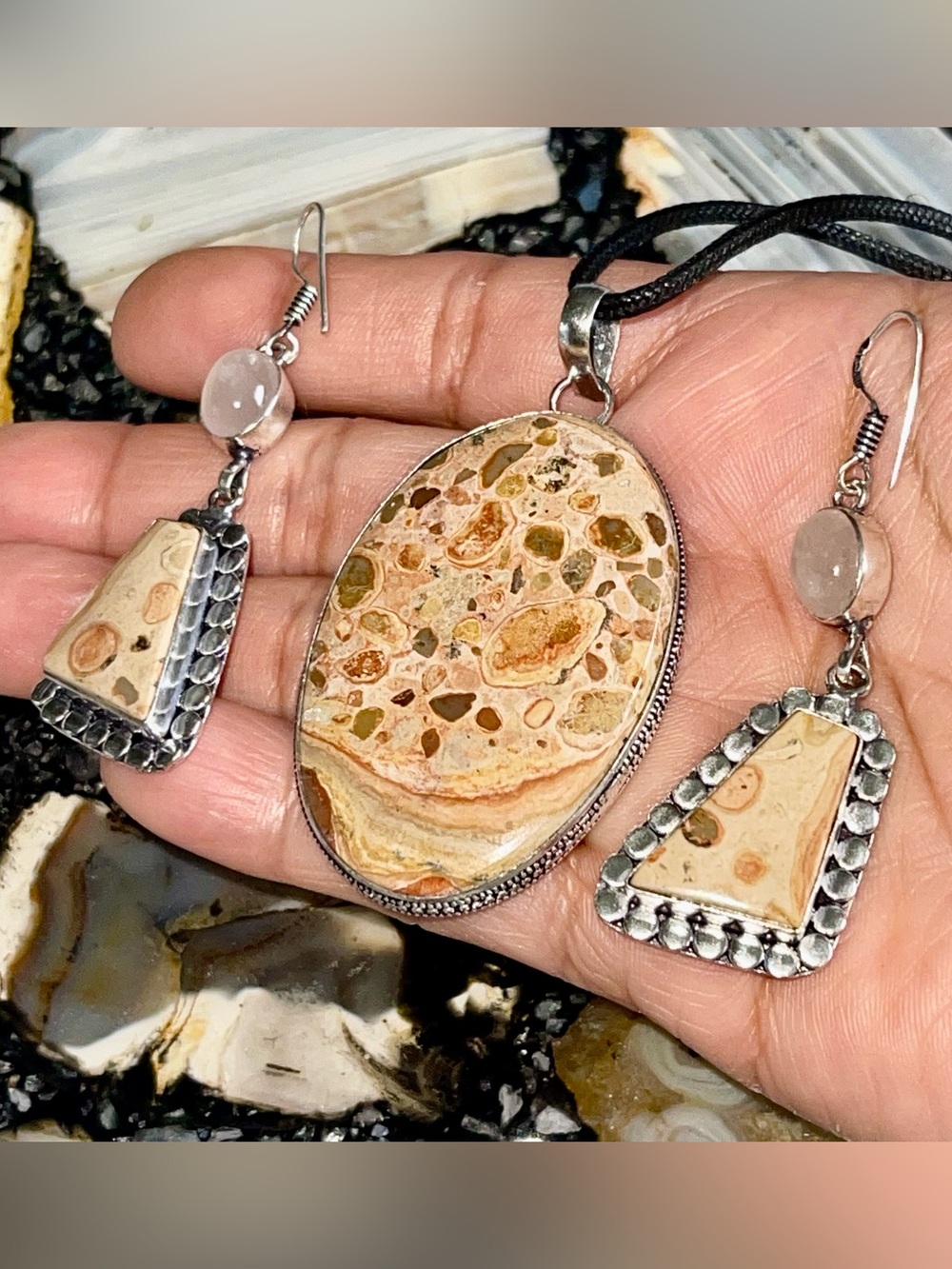 Leopardite Jasper Pendant & Earrings